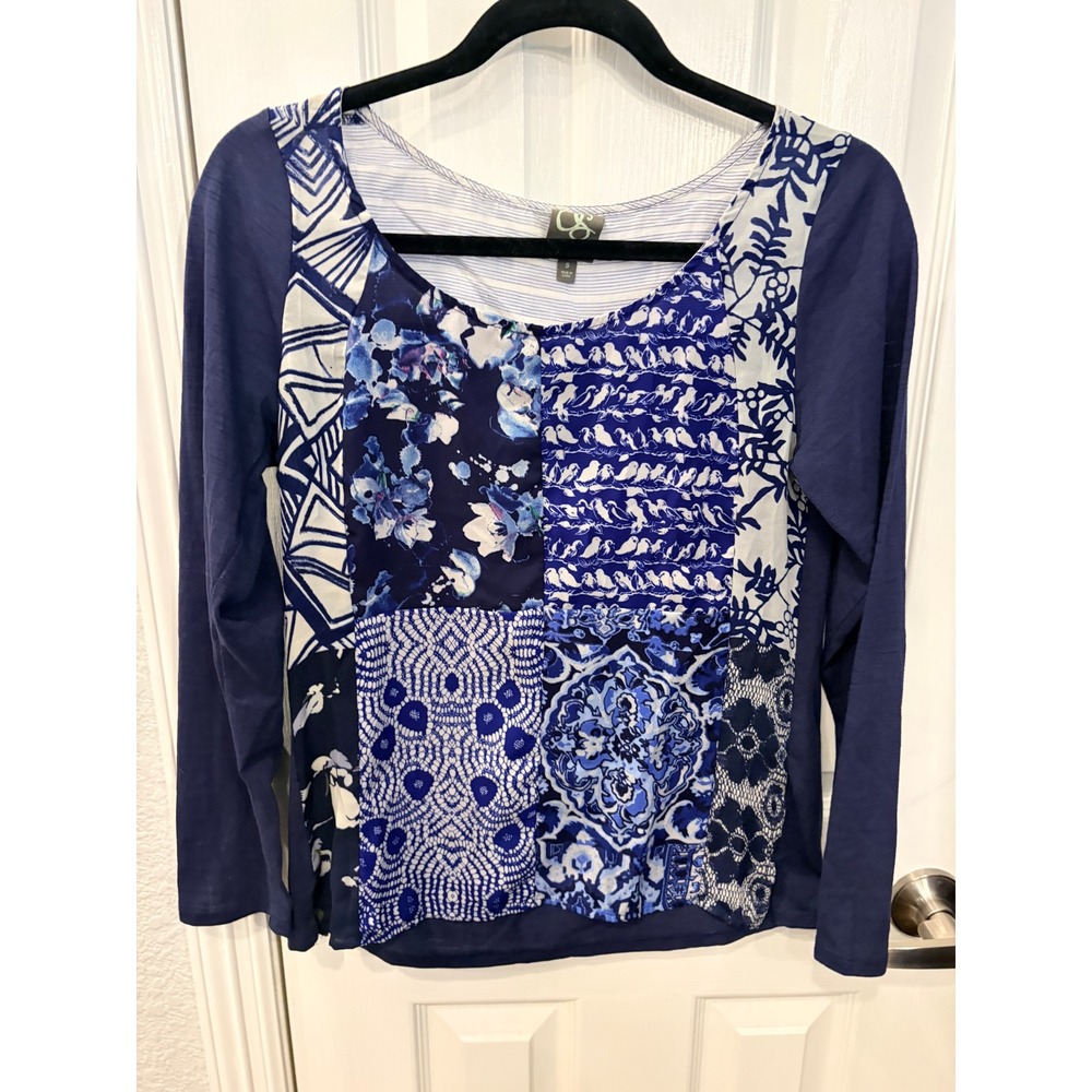 One September Top Blue Patchwork Mixed Media Floral Bird Long Sleeve Anthro